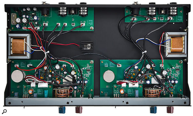 Inside the unit, you can see that the Gain controls are switches, rather than pots, which makes precise channel matching and recall easy.