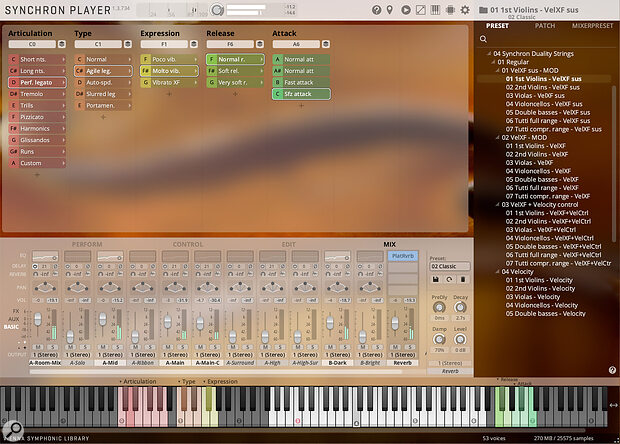 The Synchron Player GUI’s mix tab. Samples are mapped to the white keys, coloured keys are switches, which select the basic articulation, articulation style, vibrato style, release and attack options.